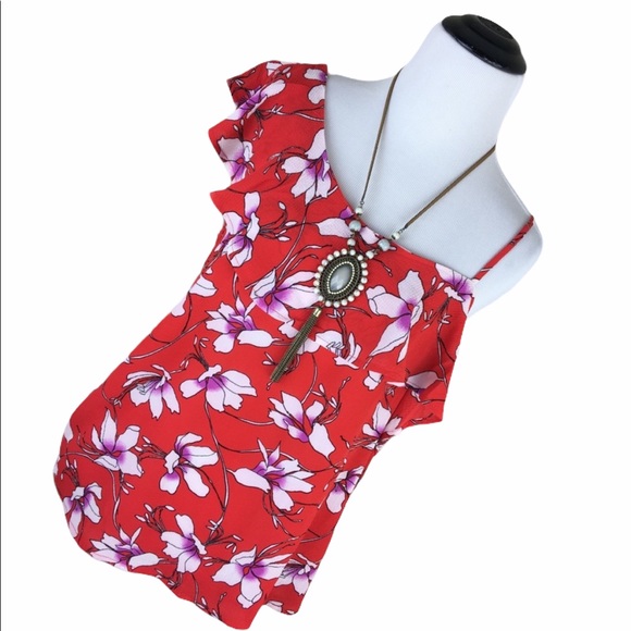 Red floral one cold shoulder ruffle dressy blouse - Picture 2 of 8